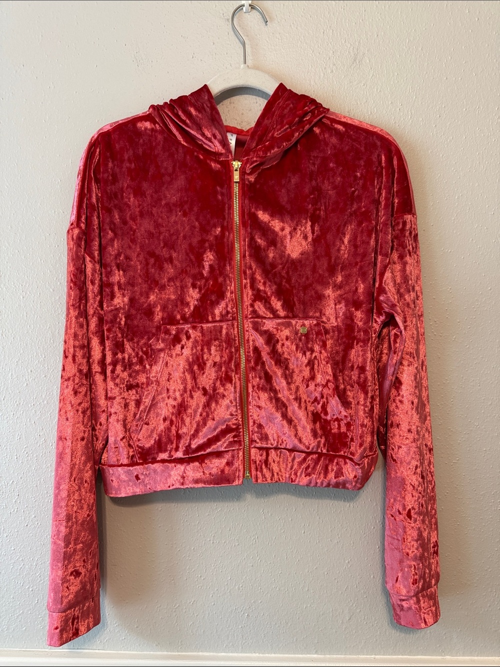 Fabletics Crushed Velvet Zip Hoodie in Strawberry with Gold Hardware